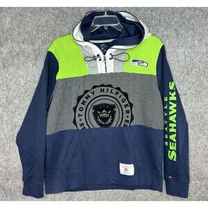 Seattle Seahawks Tommy Hilfiger Hoodie Men’s XL Blue Green Striped Rugby